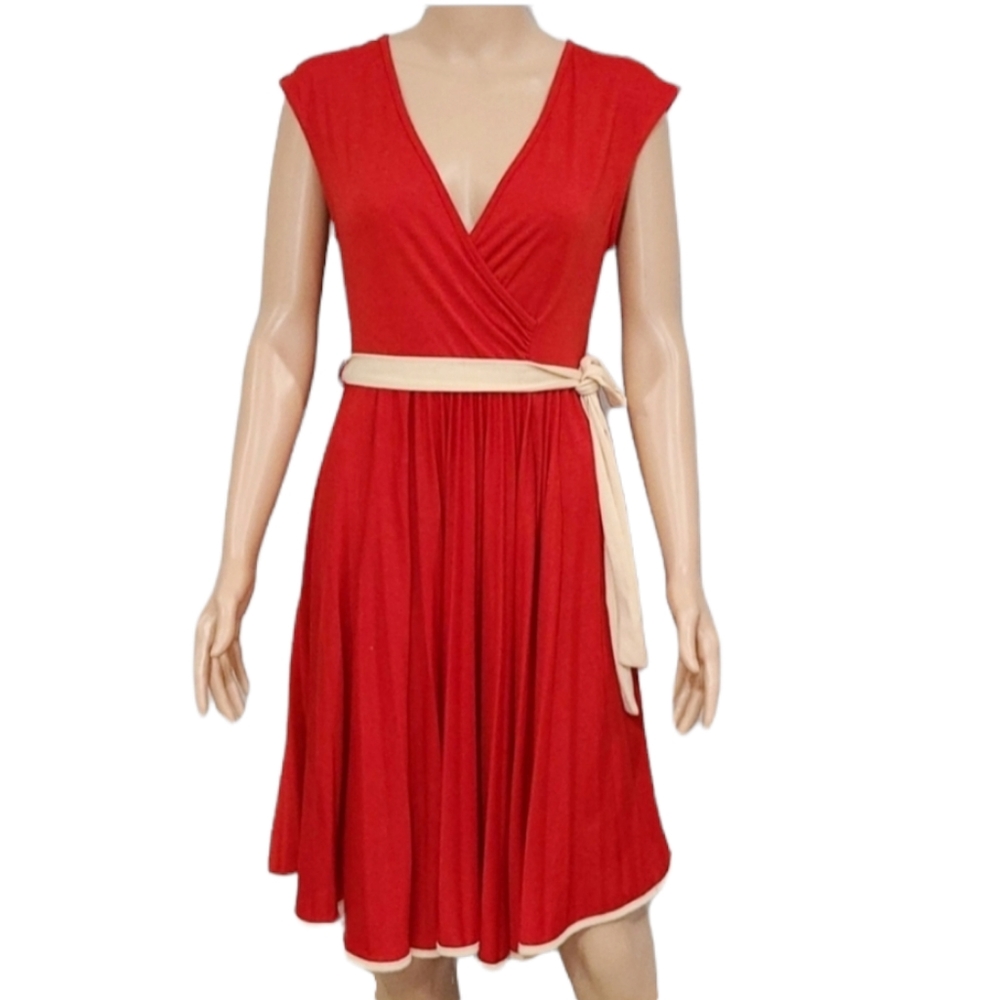 PAPILLON RED SLEEVELESS DRESS WITH BEIGE BELT Sz S